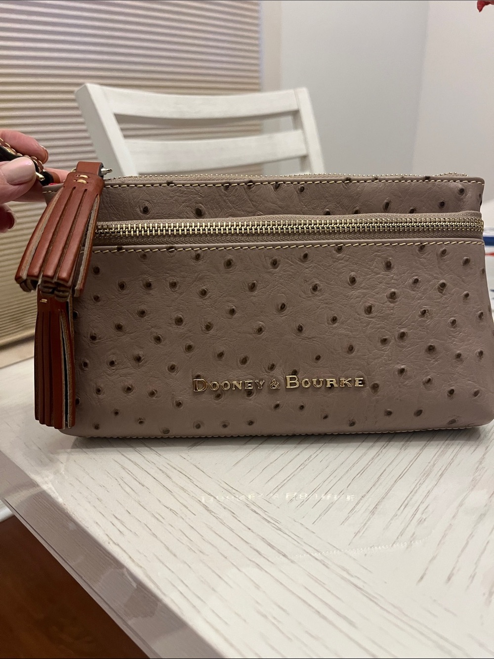 Dooney & Bourke Taupe Ostrich-Embossed Wristlet with Brown Tassels - Picture 9 of 9